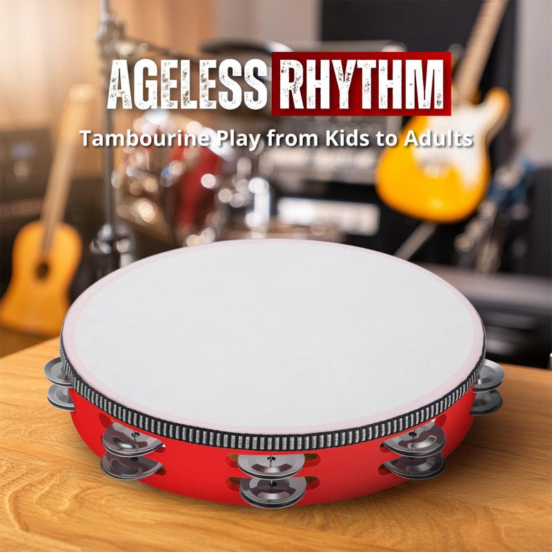 Flexzion Wood Handheld Tambourine for Adults 10-Inch Double Row 8-Pair Jingles (Red) - Percussion Round Tamborines Musical Instrument with Metal Zills - Image 4